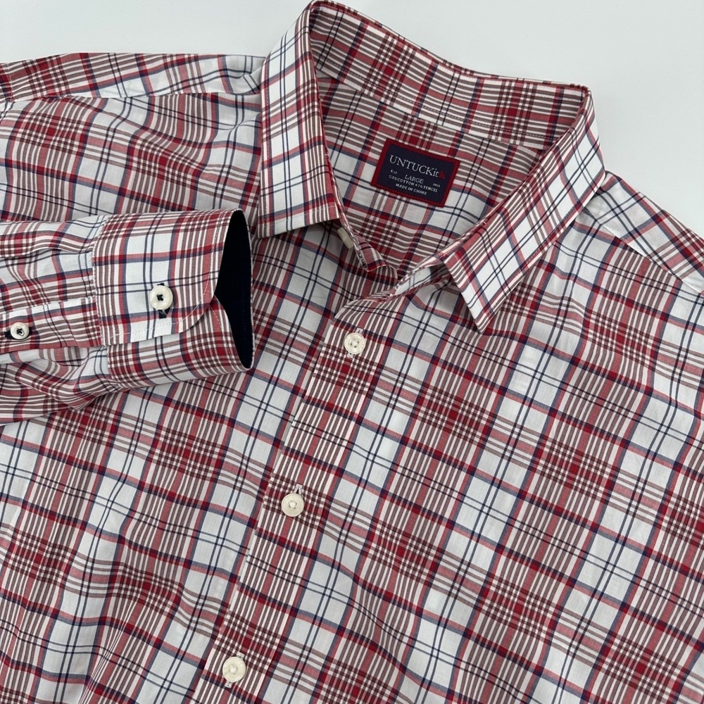 UNTUCKit Button Down Shirt Mens Large Red Plaid Cotton Tencel Long Sleeve